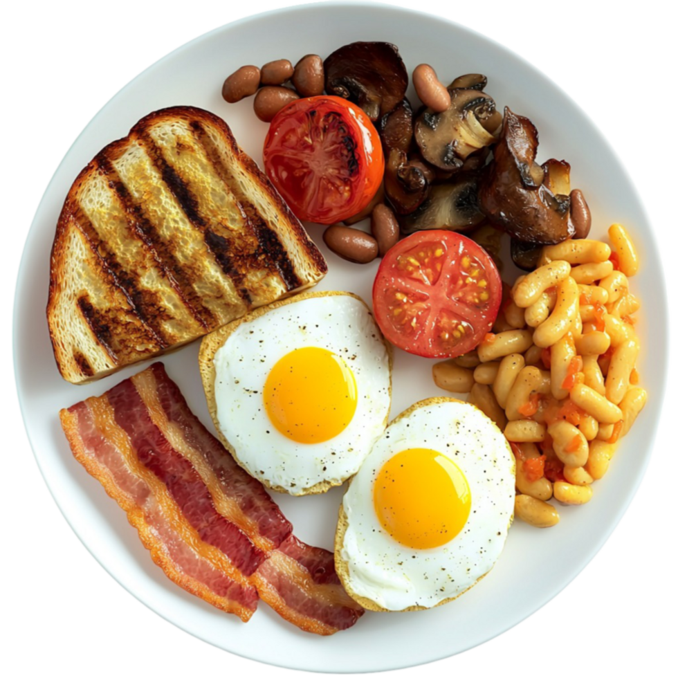 Traditional full English breakfast with fried eggs bacon grilled toast and tomatoes png