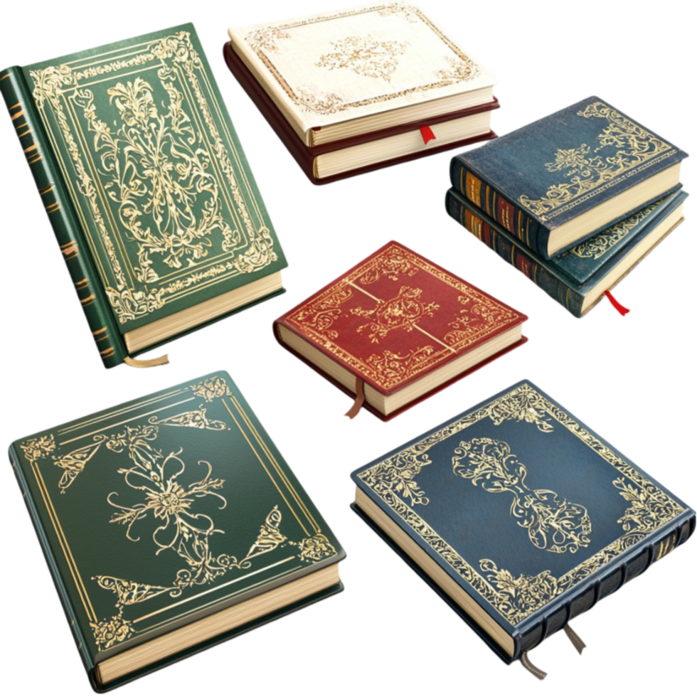 Collection of vintage books with intricate gold detailing on the covers png