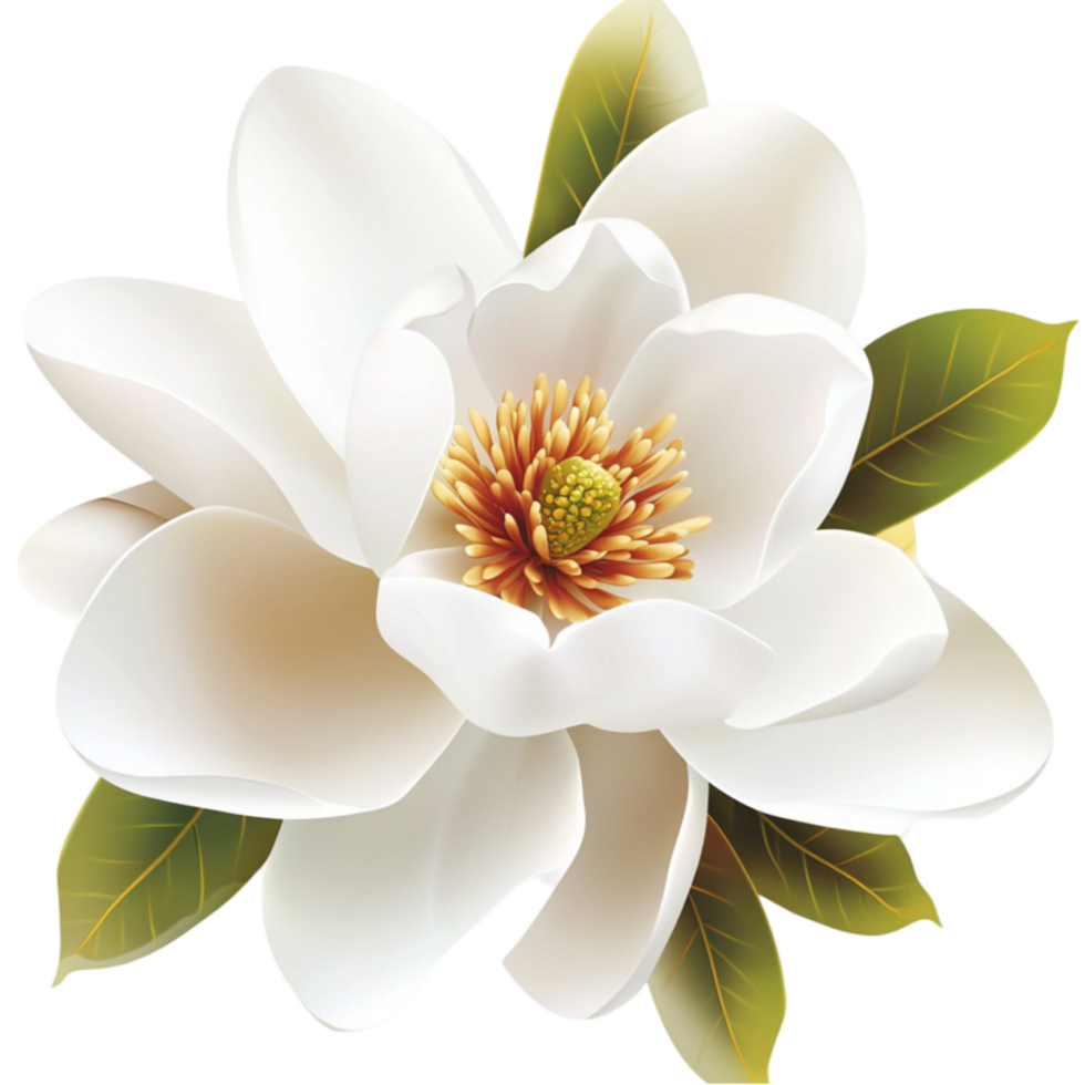 white magnolia flower with green leaves and a golden center png