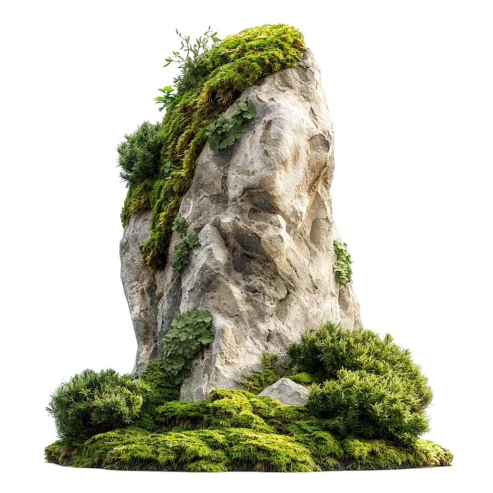 Large mosscovered rock with small plants growing on its surface png