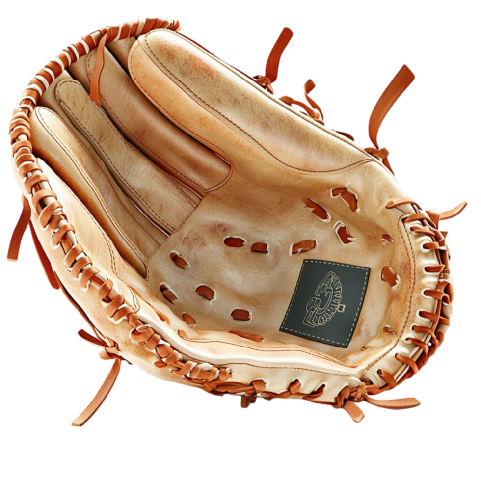 Wornout brown baseball glove with detailed stitching png