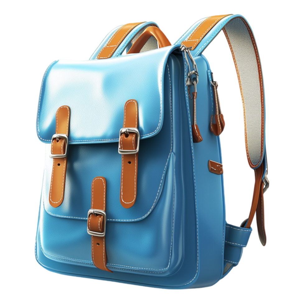 blue backpack with multiple compartments and brown straps png