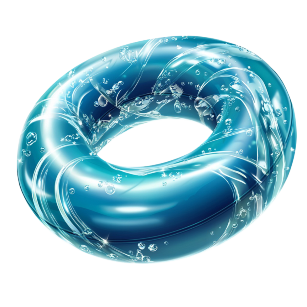 Shiny blue inflatable swim ring with waterlike reflections and bubbles png