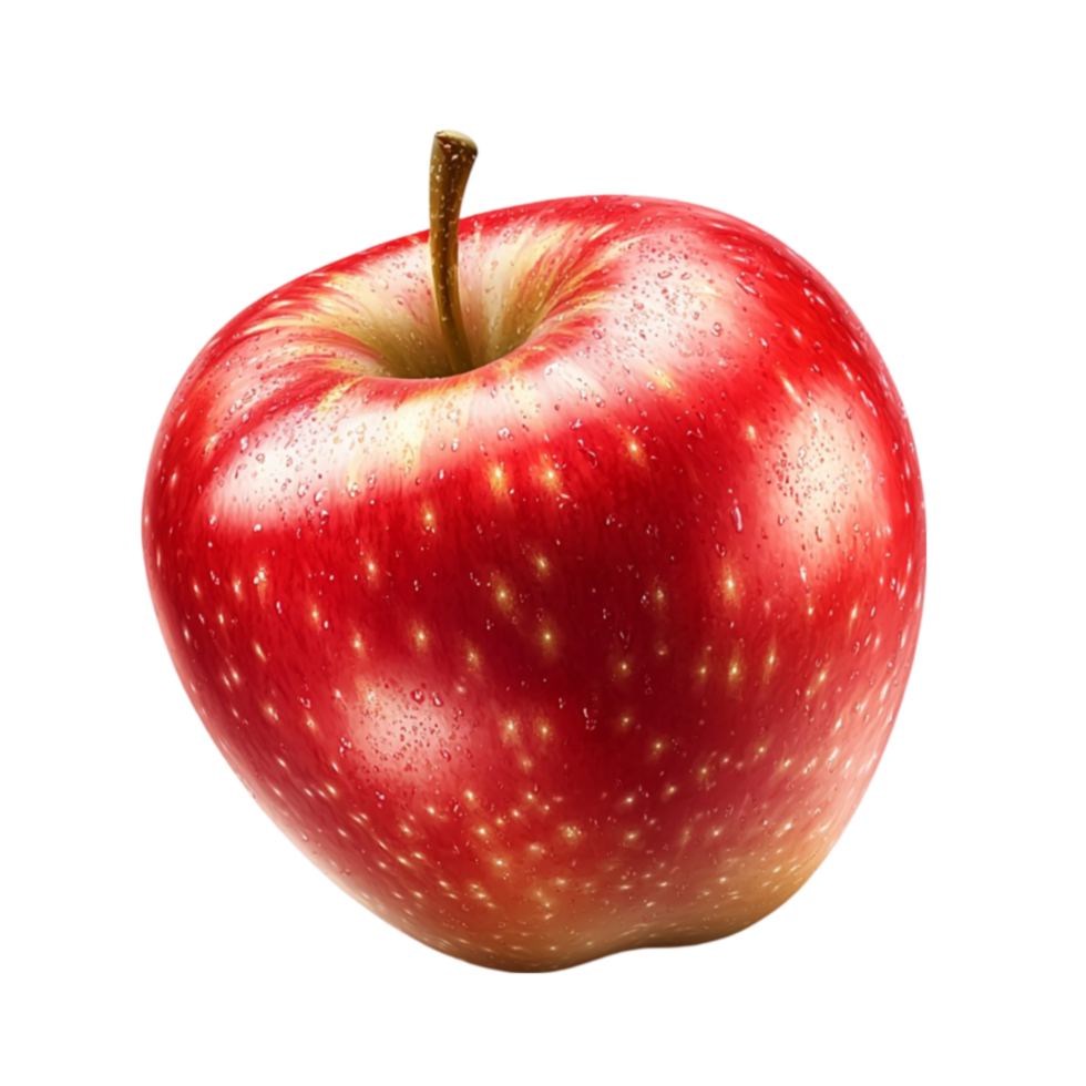 Shiny red apple with a surface and a small stem on top png