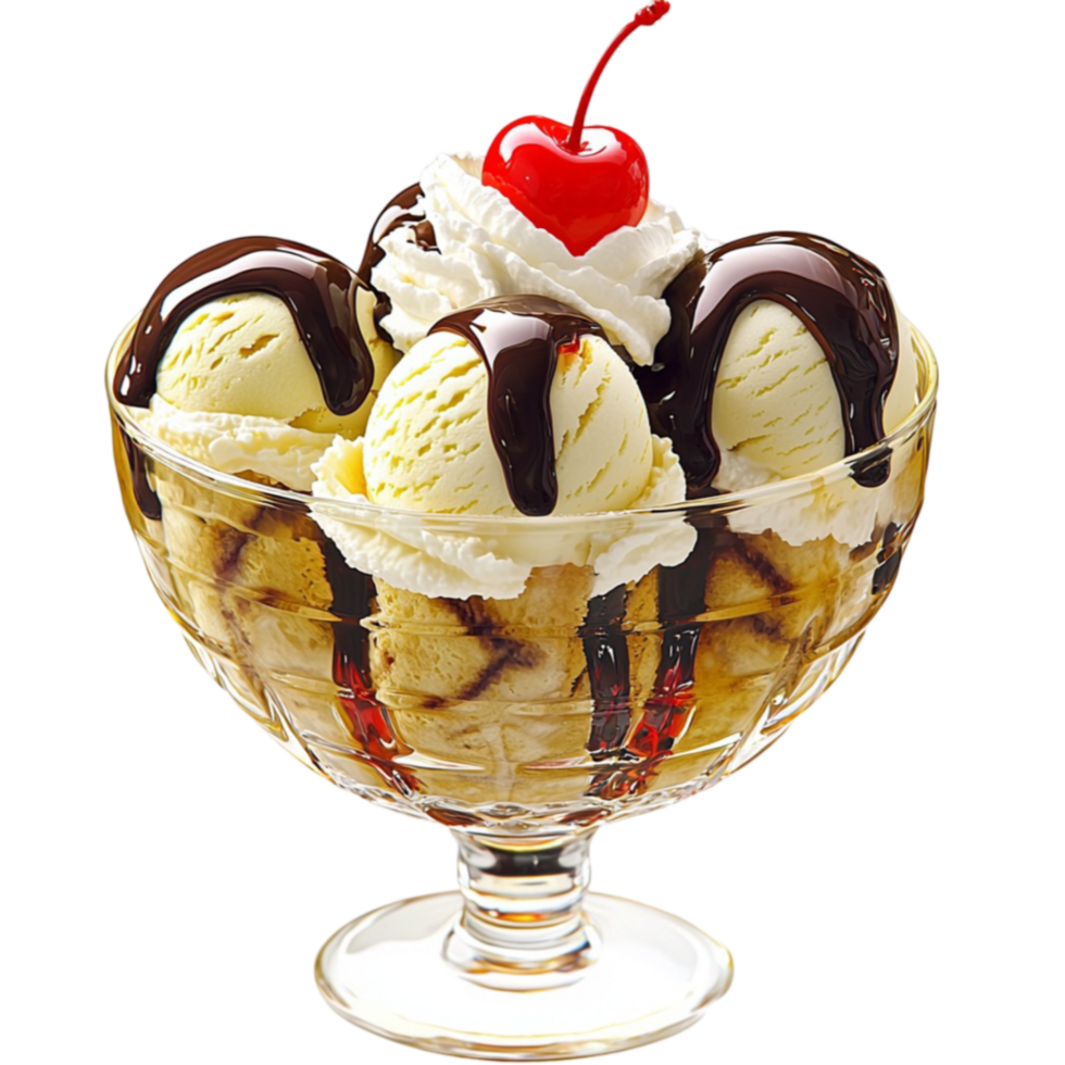 ice cream sune topped with chocolate syrup and a cherry png