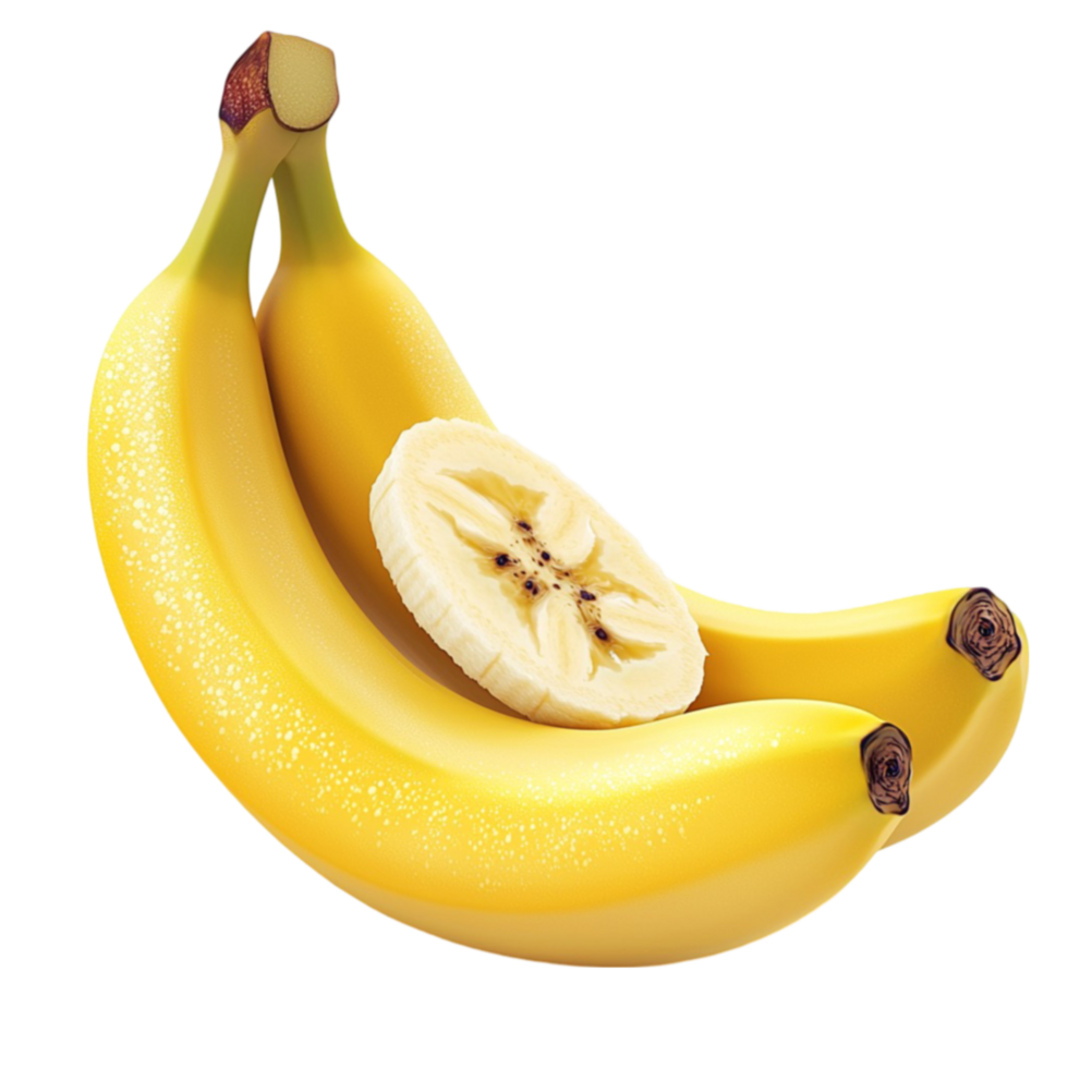 Ripe yellow bananas with one banana partially peeled and sliced png