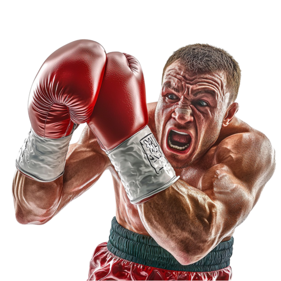 Intense male boxer wearing red gloves preparing to throw a punch png
