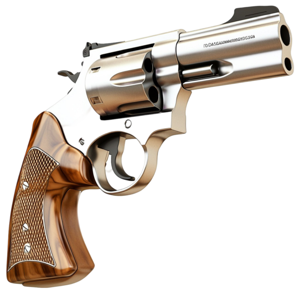 Silver revolver with a wooden grip and a polished metal barrel png