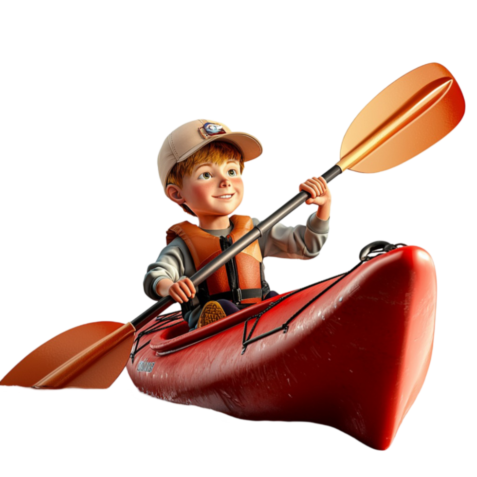 Young boy paddling a red kayak while wearing a protective helmet png