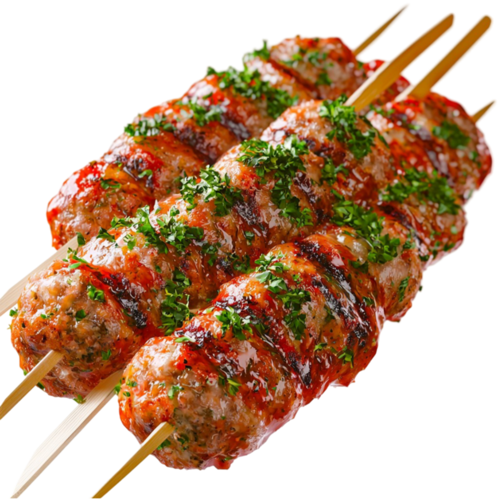 Juicy grilled meat skewers garnished with herbs and spices png
