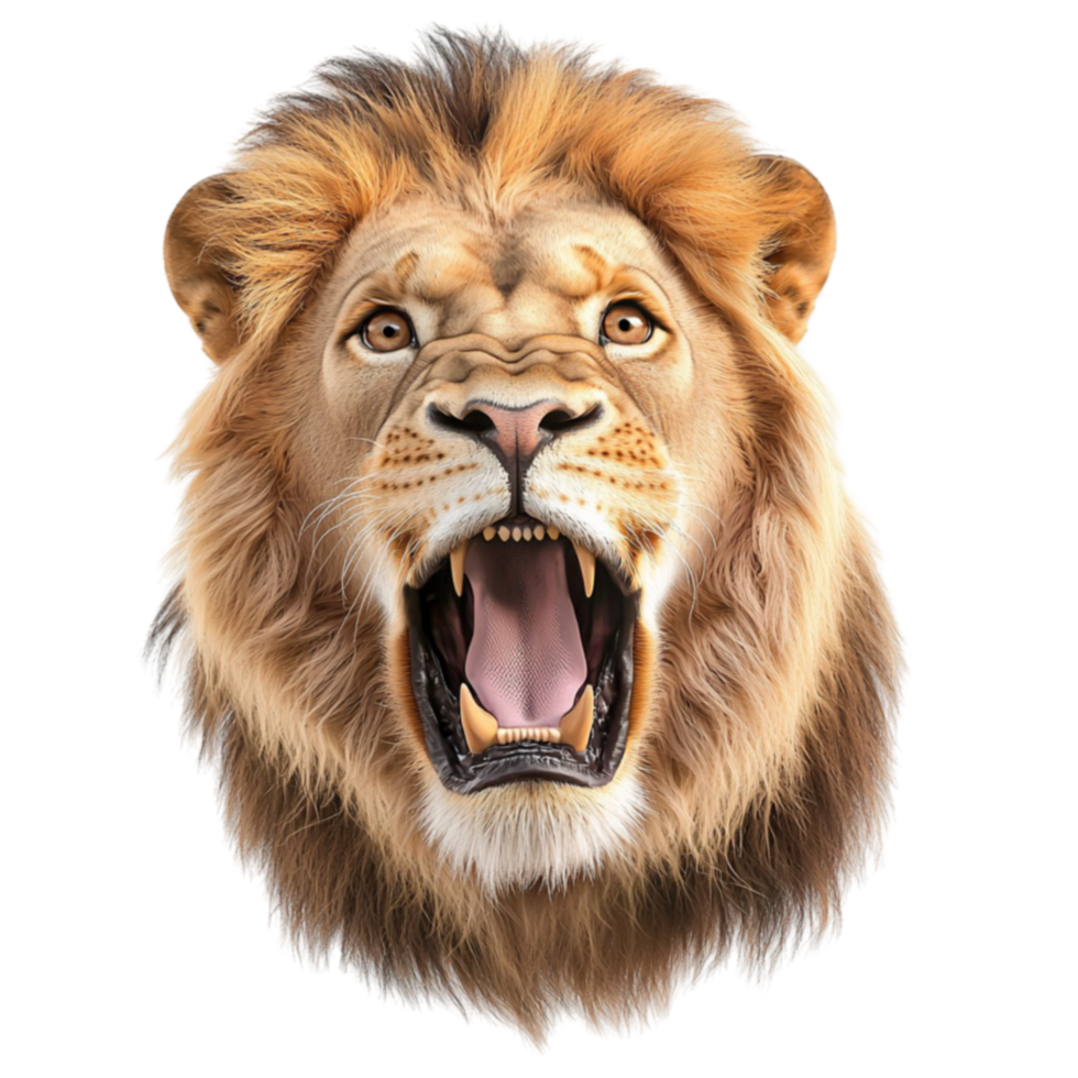 Ferocious lion with a golden mane and sharp teeth roaring with an intense expression png