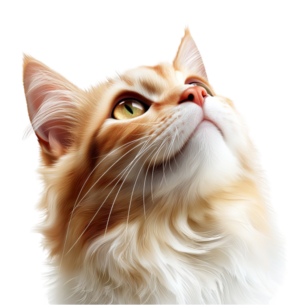 Fluffy orange and white cat gazing upwards with big curious eyes png