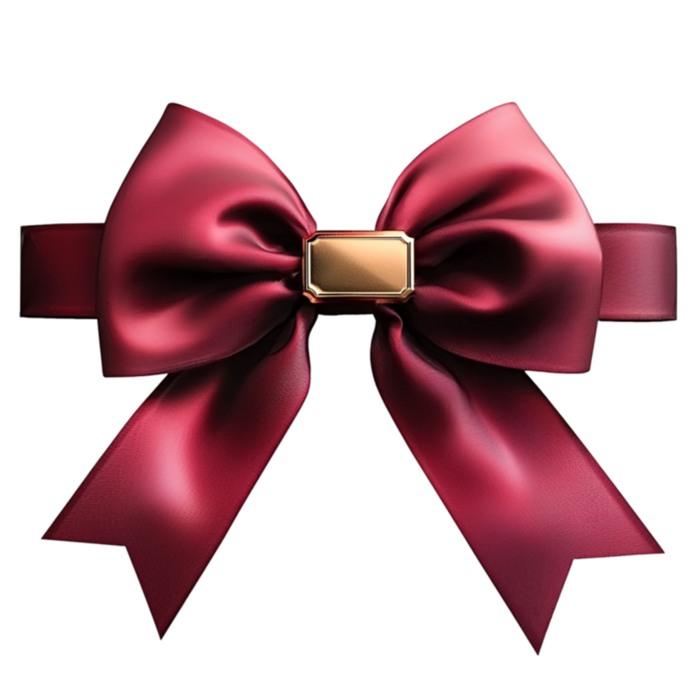 Luxurious deep red satin bow with a golden centerpiece and glossy fabric png