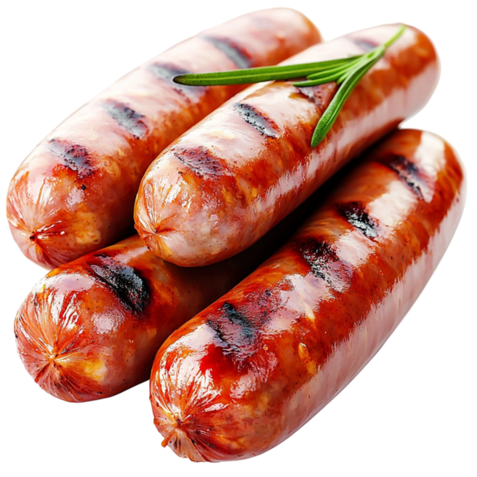 Three grilled sausages with browned skin and a sprig of rosemary png