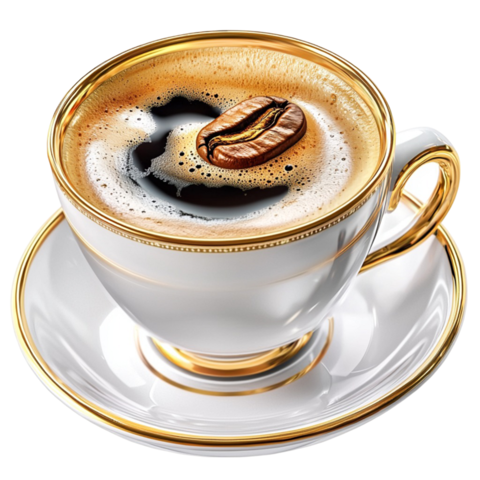 cup of coffee with golden trim and a floating coffee bean on top png
