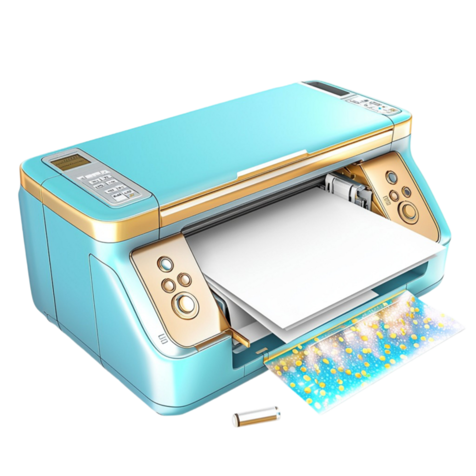 cutting machine with a sleek blue design and a sheet of printed paper coming out png