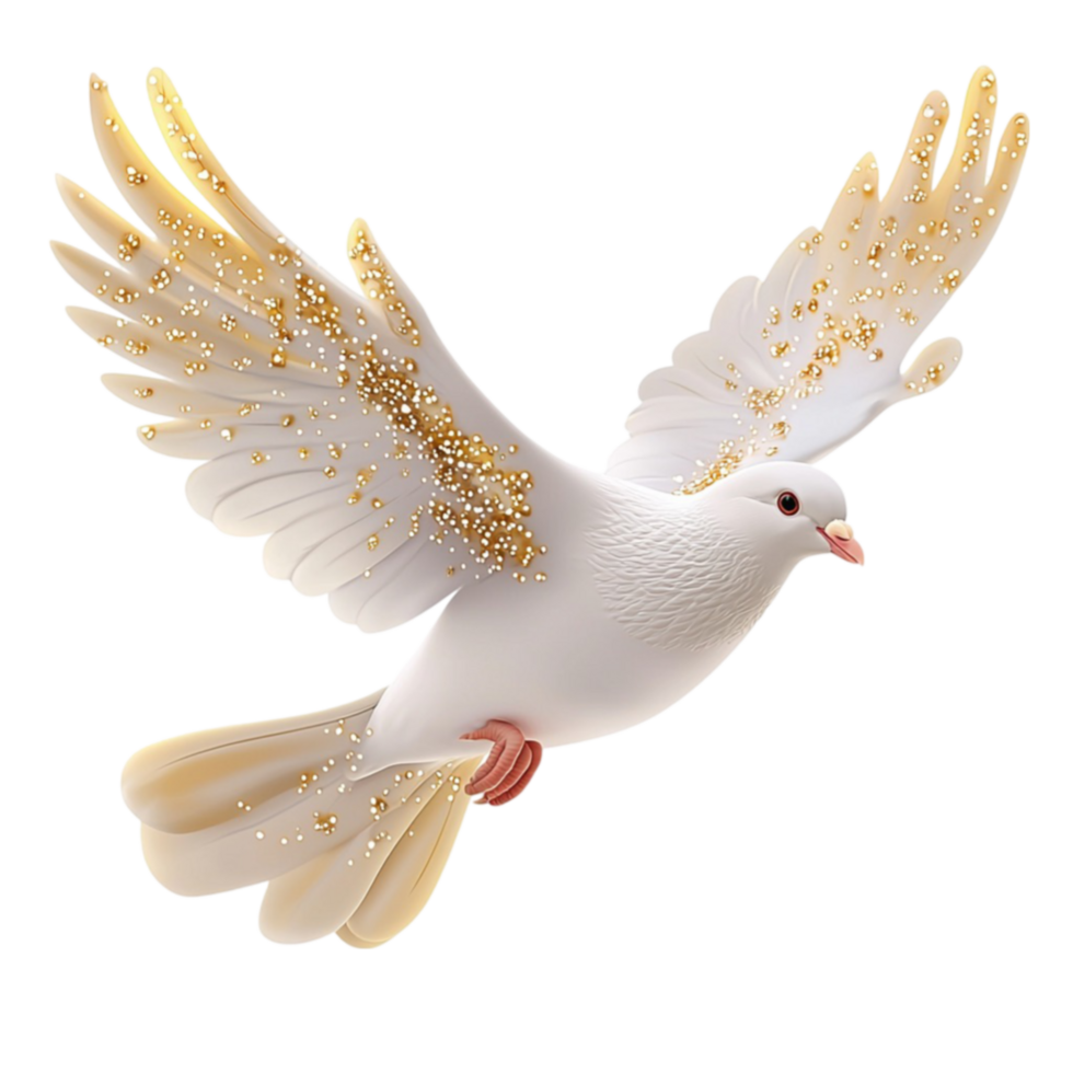 Graceful white dove with golden accents flying with its wings spread wide and tail fanned out png