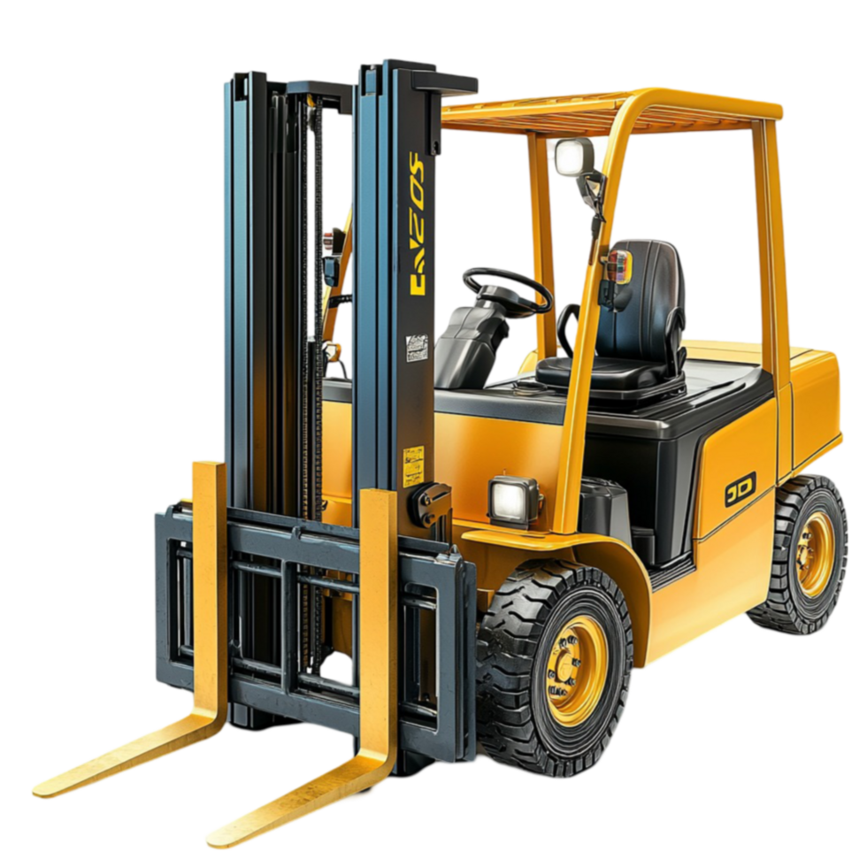 Heavyduty yellow forklift with black wheels and long metal forks in a lifted position png