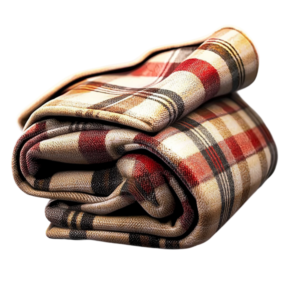 Cozy folded plaid blanket with fabric and a red beige and black pattern png