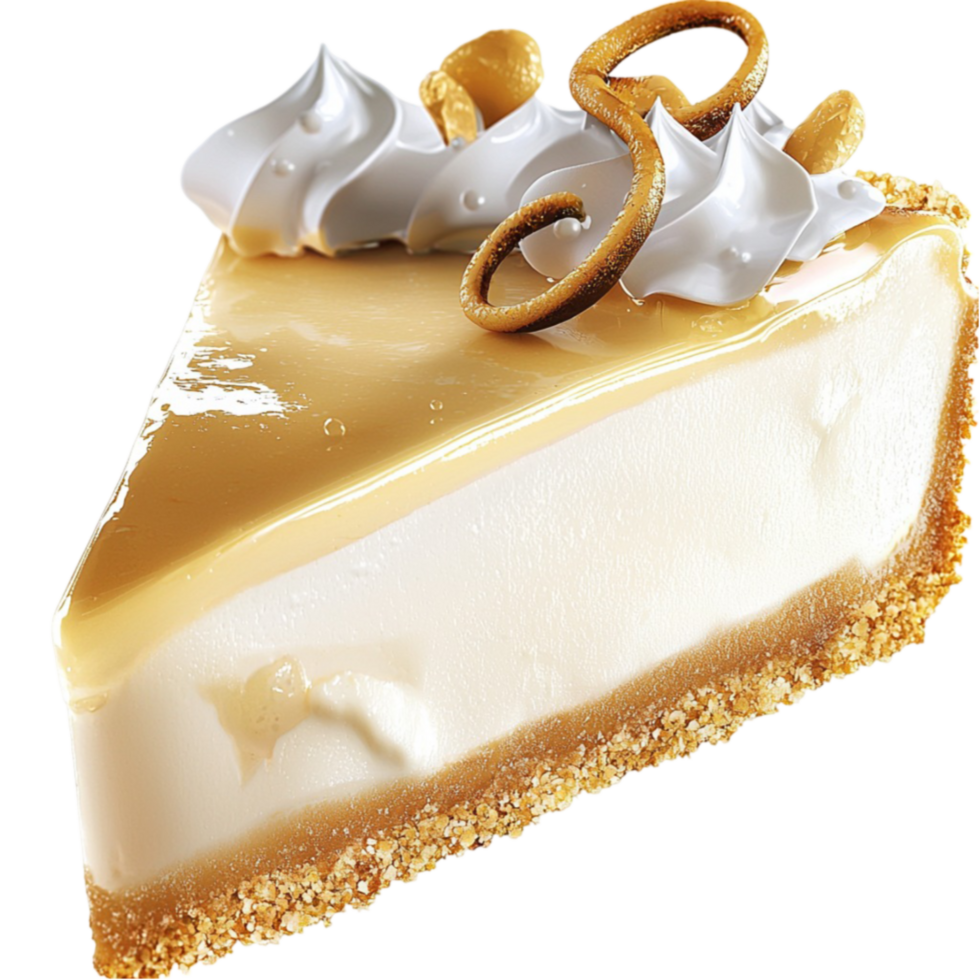 Creamy cheesecake slice topped with golden caramel and pretzel pieces png