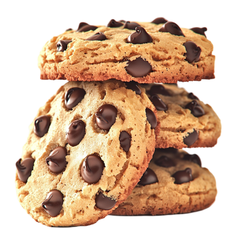 Stack of ly baked chocolate chip cookies with a golden texture png