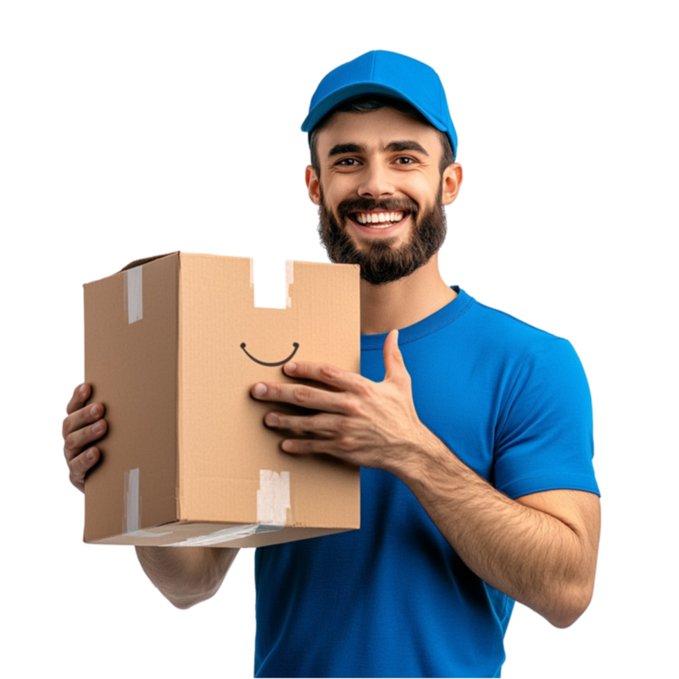Smiling delivery man in a blue uniform holding a cardboard box in both hands png