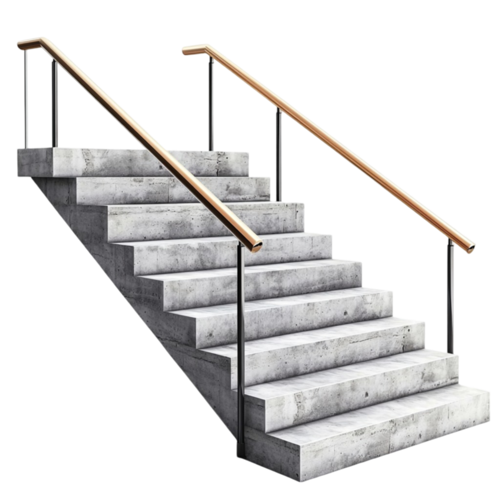 Concrete staircase with wooden handrails leading upward png