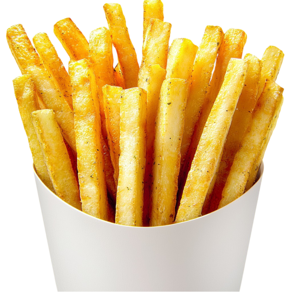 golden French fries in a white paper container with a slightly salted surface png