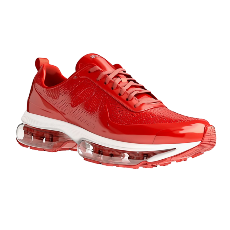 red sports shoe with an aircushioned sole and breathable mesh png