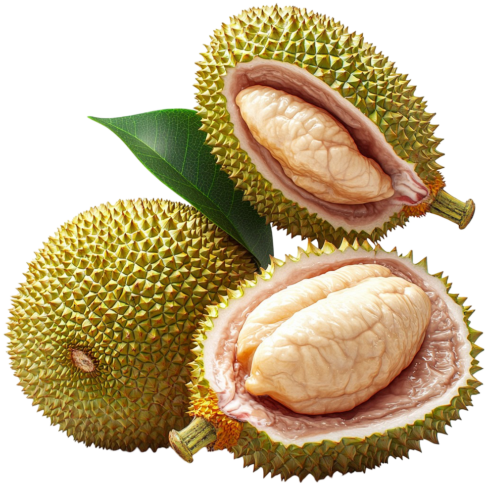 Exotic durian fruit with a spiky outer shell and golden flesh inside png