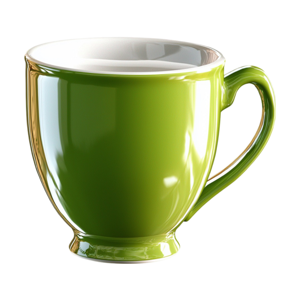 Glossy green ceramic cup with a curved handle and a reflective surface png