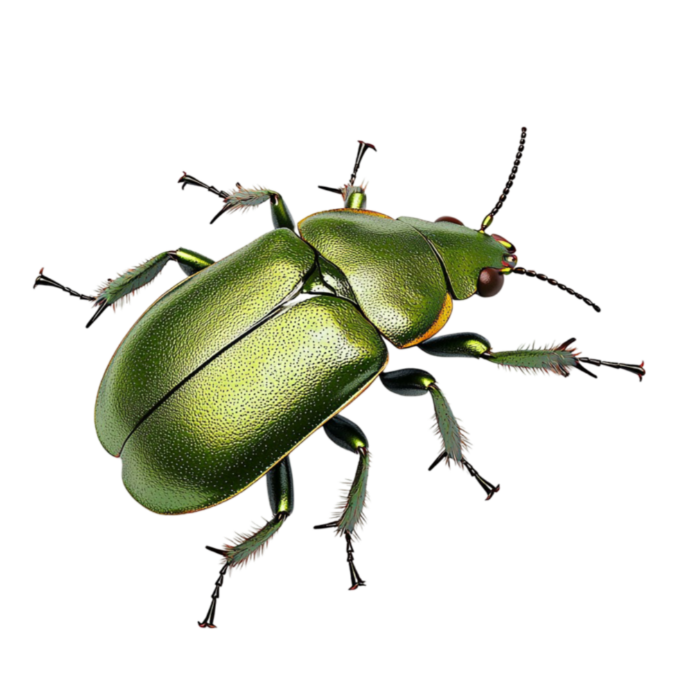 Metallic green beetle with shiny armorlike wings and delicate spindly legs png
