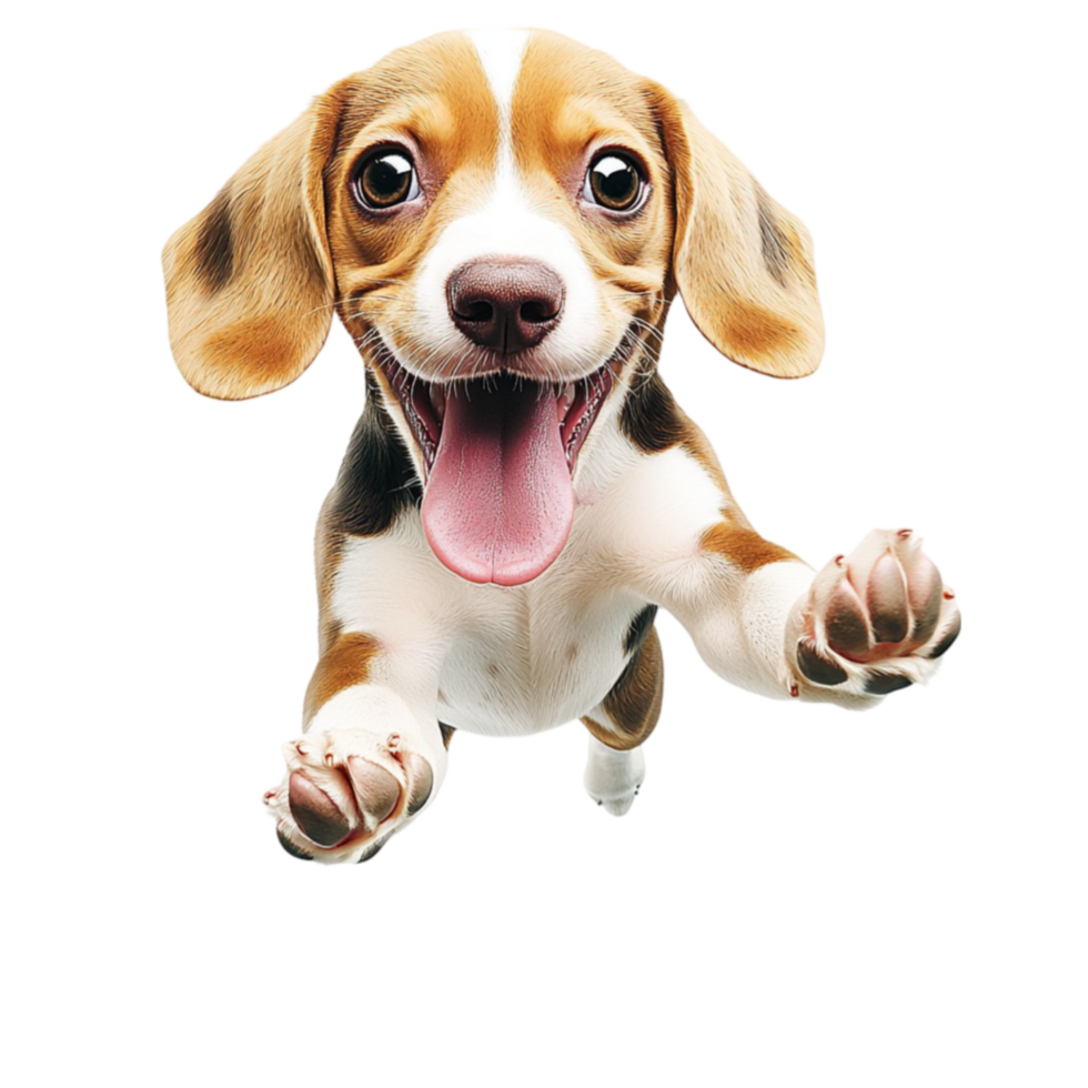 Excited beagle puppy playfully running forward with its tongue out png