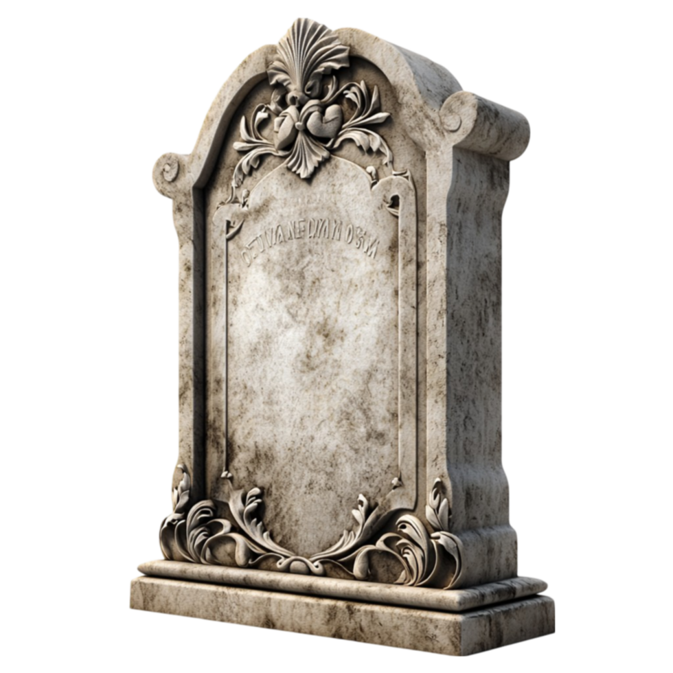 Weathered stone tombstone with intricate carvings and an aged appearance png