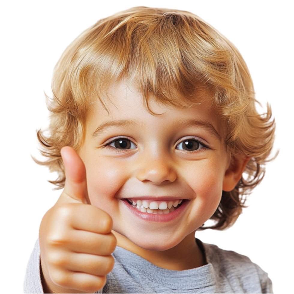 Cheerful young boy giving a thumbsup with a big smile png