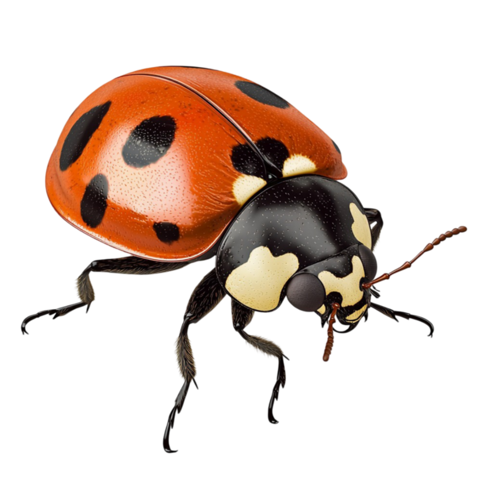 red ladybug with black spots walking on a surface png