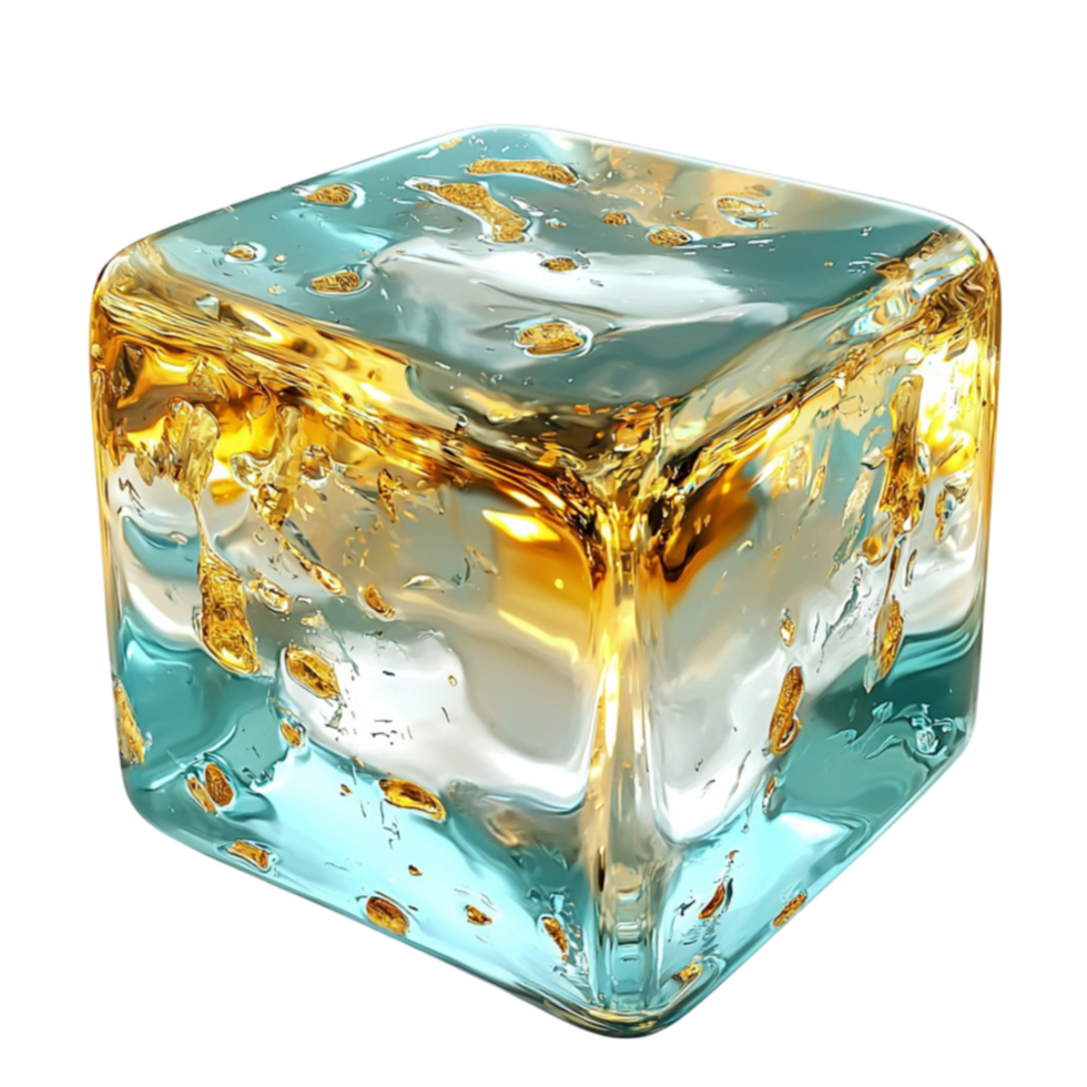 Large ice cube with golden swirling inside png