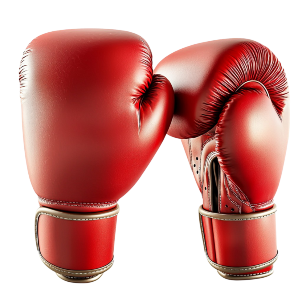 Red boxing gloves resting together with a glossy surface png