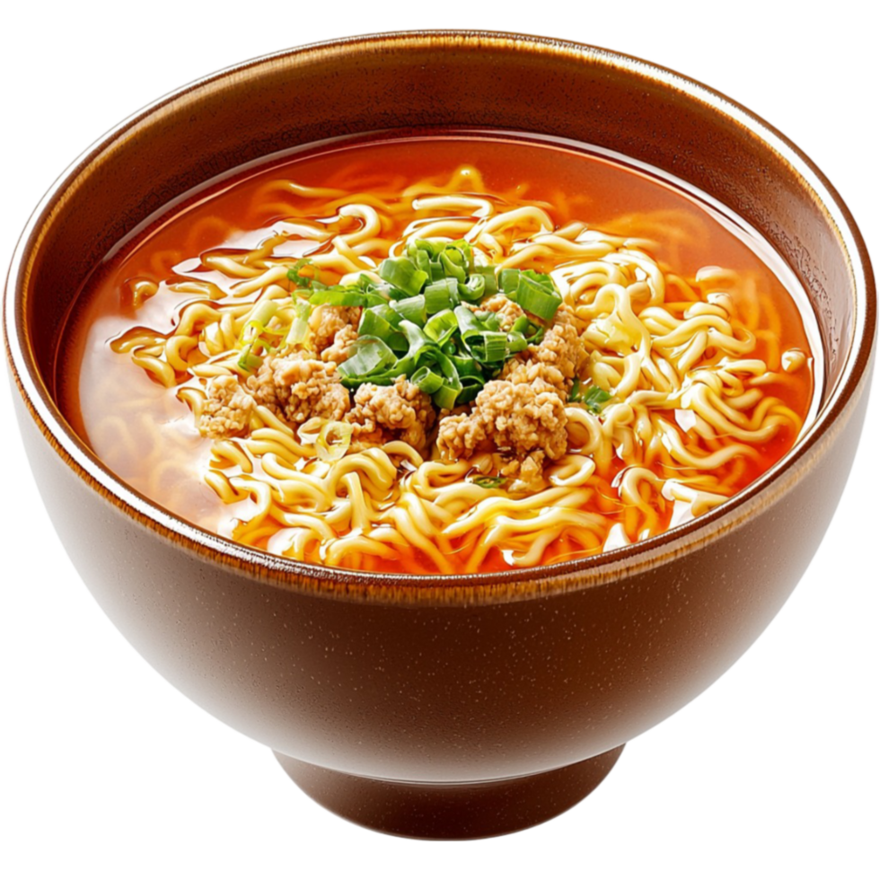 Hot bowl of ramen noodles with broth and green garnish png