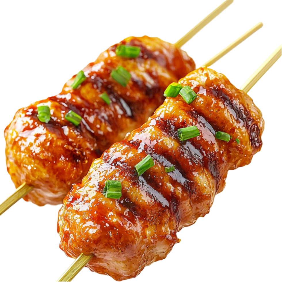 Juicy grilled meat skewers garnished with green herbs png