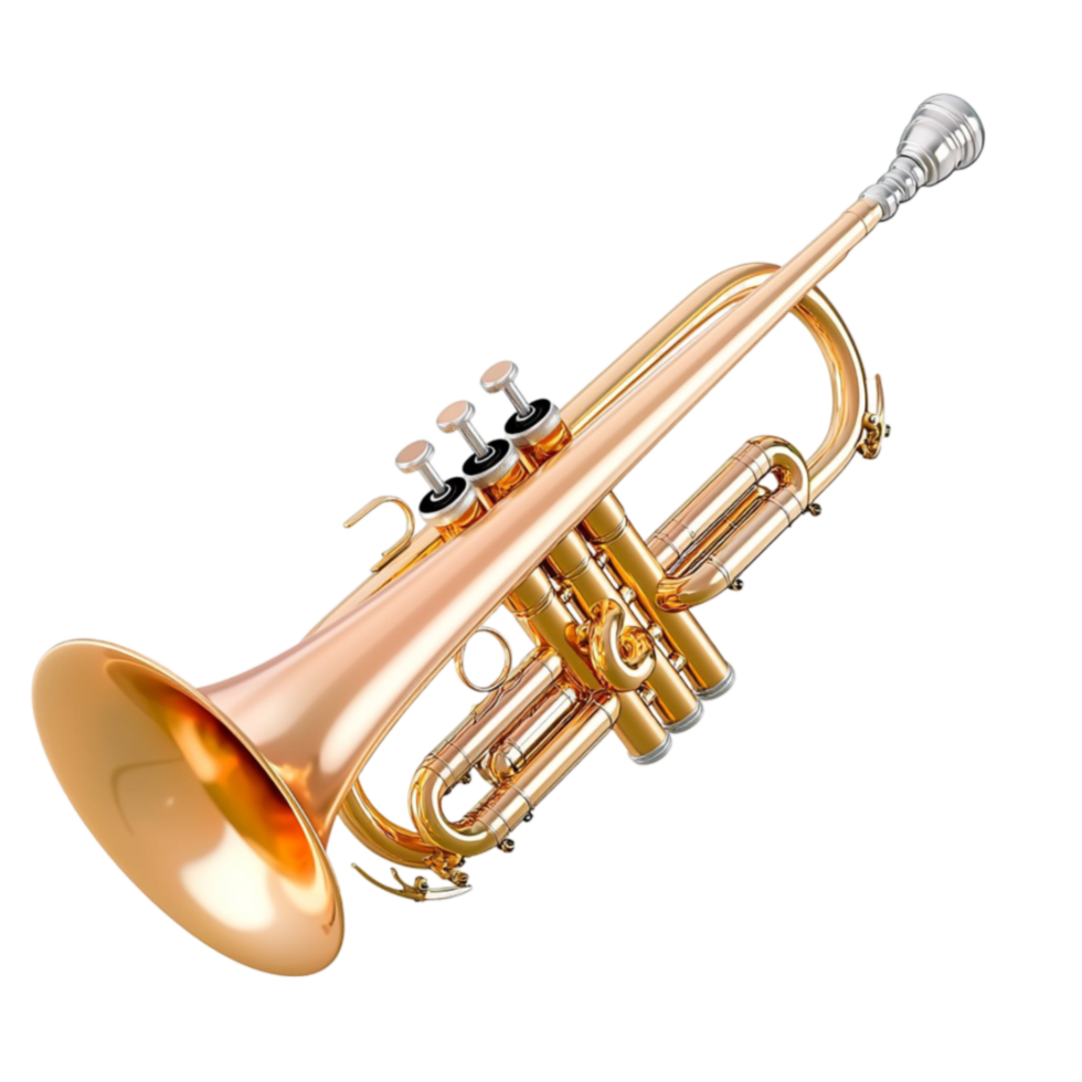 Shiny golden trumpet with detailed valves and a gracefully curved bell png