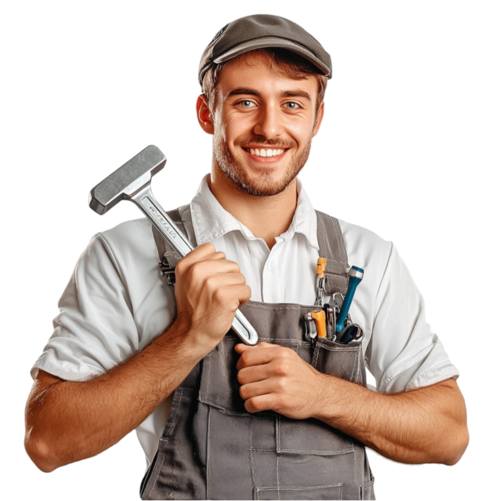 Happy construction worker wearing a gray uniform and holding a hammer png