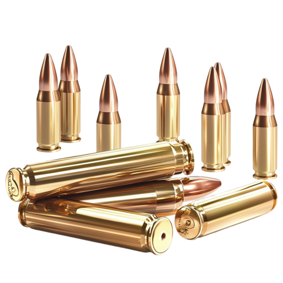 Shiny golden bullets and casings arranged neatly in a row png