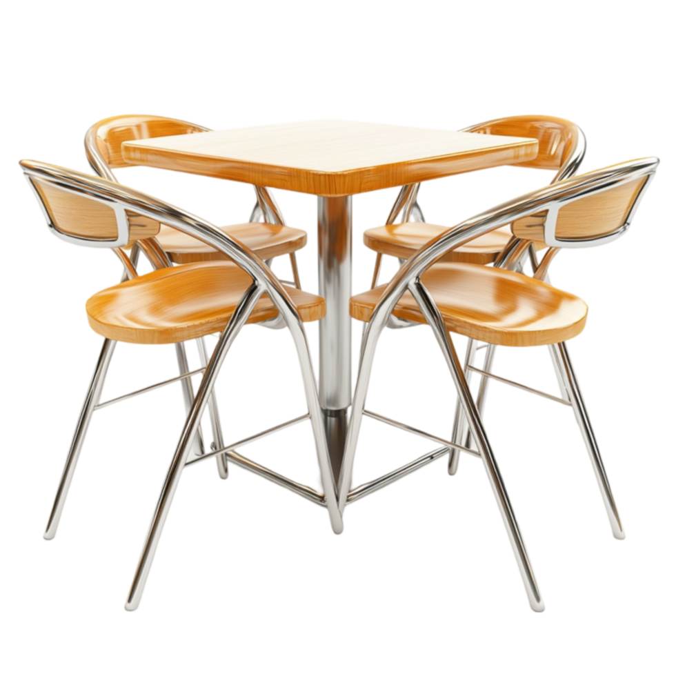 dining table set with four orange chairs and a sleek round table png
