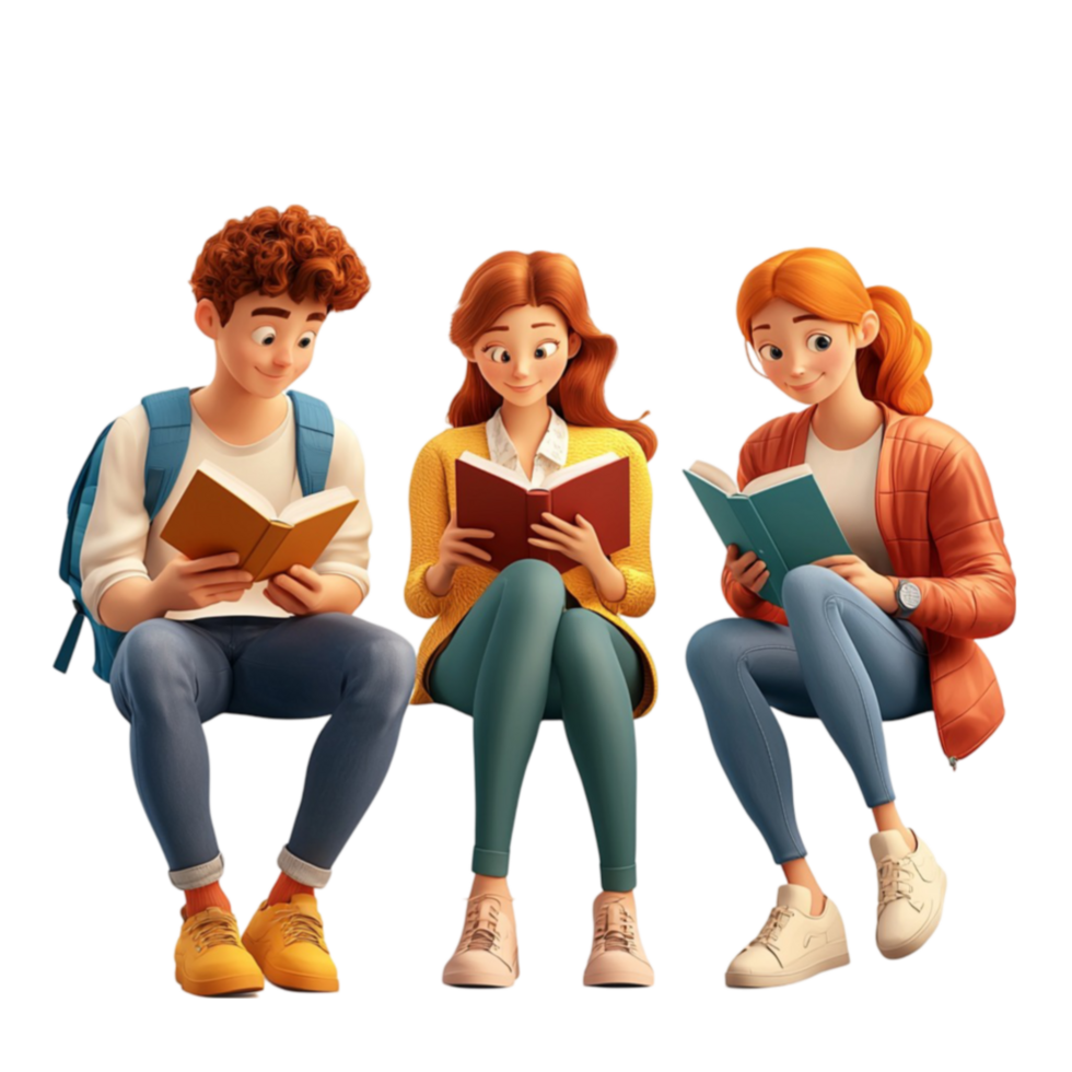 Three young students sitting together reading books and studying png