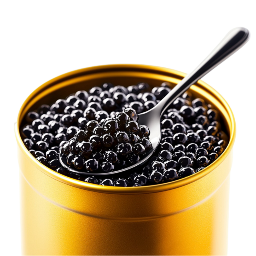 golden tin filled with black caviar and a small silver spoon png