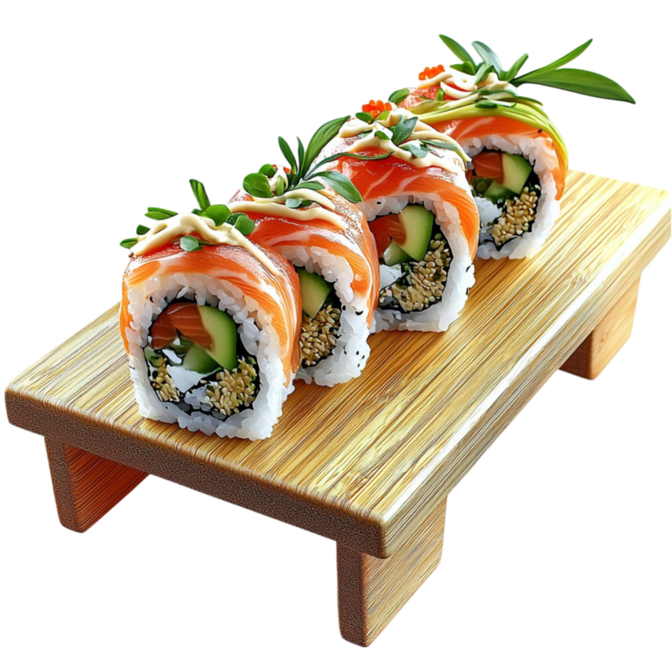 sushi rolls with salmon and avocado neatly arranged on a wooden board png