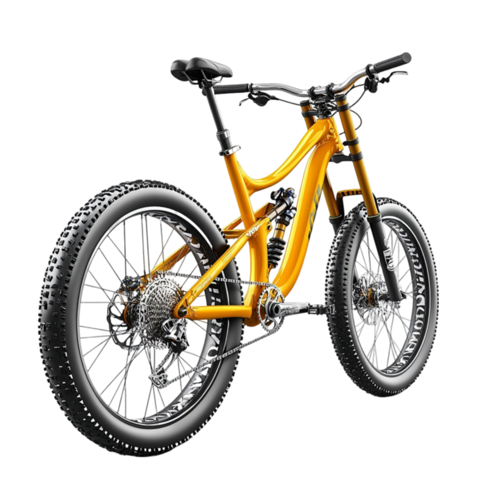 yellow mountain bike with thick tires and a strong frame png
