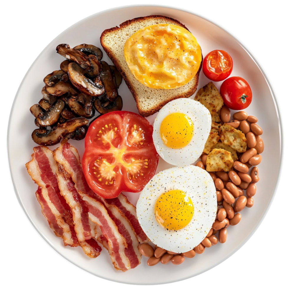 Traditional English breakfast with eggs bacon tomatoes beans and toast png