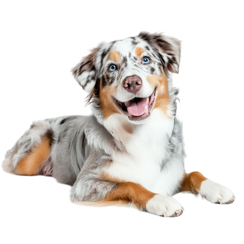 Happy Australian Shepherd dog lying down with a friendly expression png